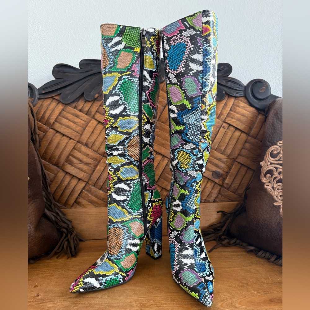 EUYZOU Colorful Slouchy Snakeskin Pattern Pointed-Toe Knee-High Boots Size 36 - Picture 3 of 7